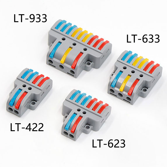 2in4 LT422, 2in6 LT623, 3in6 LT633, 3in9 LT933 Quick Clamp Terminal Push-In Electrical Wire Connectors 2in4 LT422, 2in6 LT623, 3in6 LT633, 3in9 LT933 Quick Clamp Terminal Push-In Electrical Wire Connectors